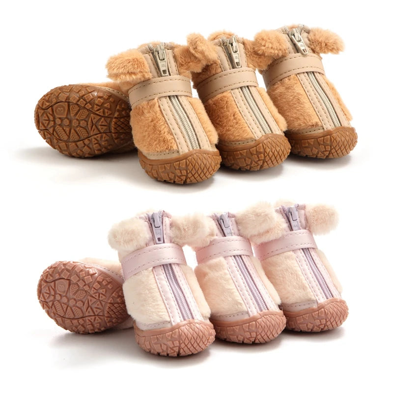 4PCS Dog Snow Boots for Small Medium Dogs Warm Plush Boots Paw Protector Winter Dog Shoes with Adjustable Strip Antislip Sole
