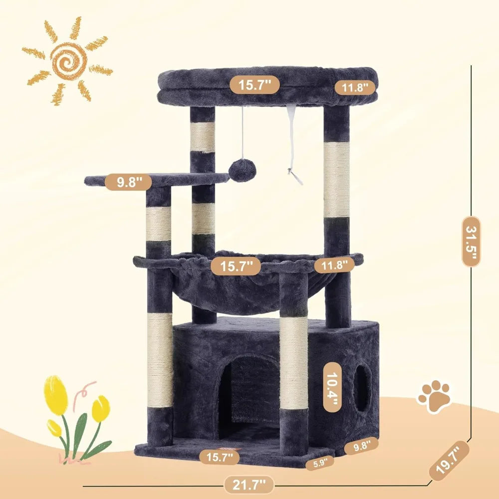 Heybly Cat Tree, Kitten Tower with Large Soft Cat Basket, Cat Condo with Spacious Cat Bed Cave with Hidden Space, Sisal-Covered