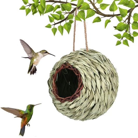 Hand-woven Natural Grass Bird Cages Bird House With Hanging Rope Handmade Bird Nest Shelter Hut Small Hideaway Pet Supplies 13cm