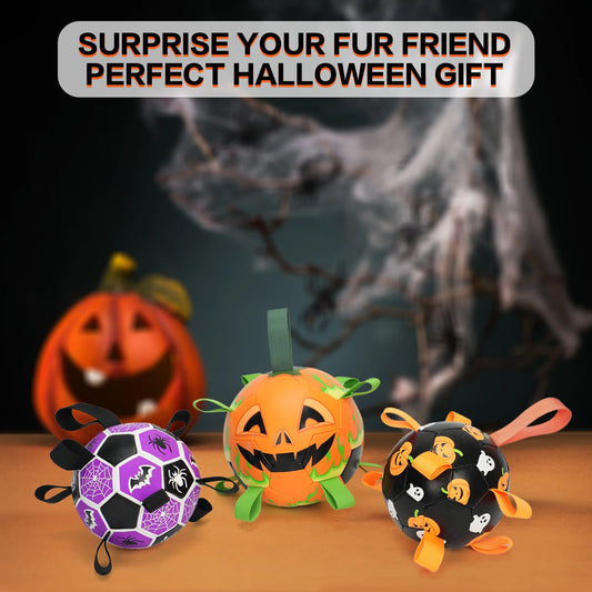 1 durable soccer design pet toy Halloween pumpkin head, orange interactive retrieval pet toy, new dog chew ball toy with straps,