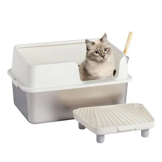 Stainless Steel Cat Litter Box with Lid,for Big Cats, Kitty Litter Box with Pedal Filter and Scoop, Easy Cleaning, White