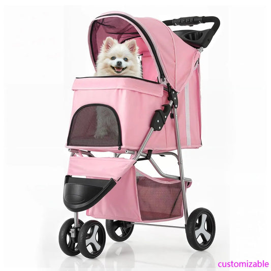 3-Wheels Foldable Pet Stroller with Waterproof Cover, Pet Strolling Cart for Small/Medium Dogs and Cats with Storage Basket