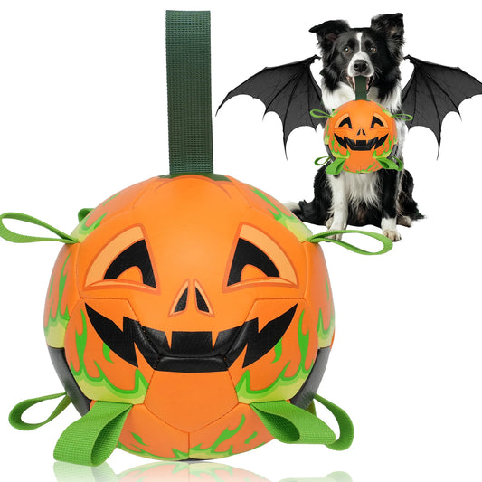 1 durable soccer design pet toy Halloween pumpkin head, orange interactive retrieval pet toy, new dog chew ball toy with straps,