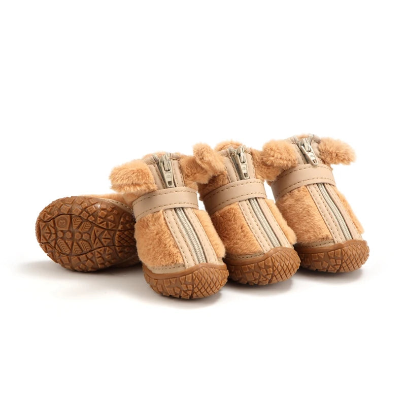 4PCS Dog Snow Boots for Small Medium Dogs Warm Plush Boots Paw Protector Winter Dog Shoes with Adjustable Strip Antislip Sole