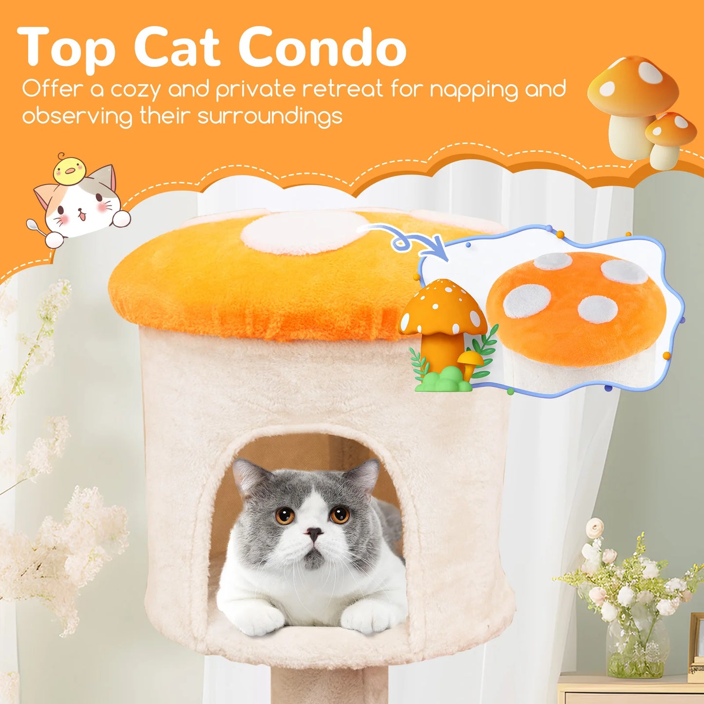 Cute Mushroom Cat Tree 48" Tall Cat Tower w/ Sisal Scratching Posts Top Condo