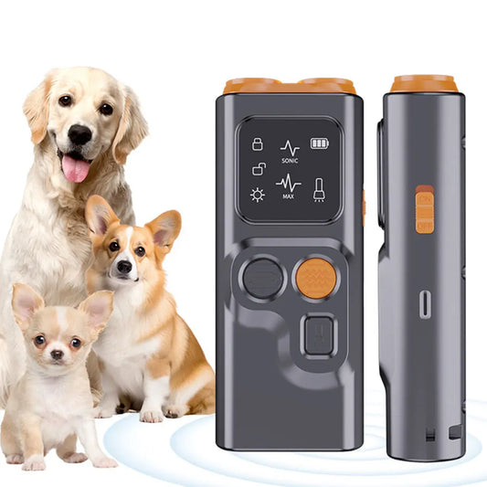 Rechargeable Sonic Anti Dog Bark Deterrent Device with Dual Ultrasonic Emitter LED Flashlight Shock Bark Collar Alternative