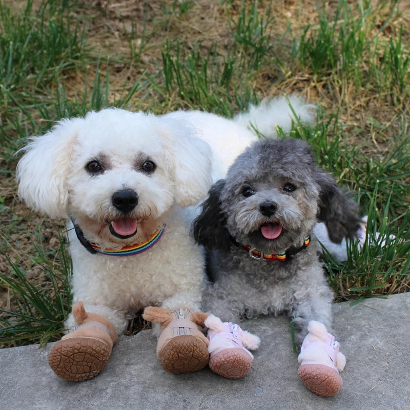 4PCS Dog Snow Boots for Small Medium Dogs Warm Plush Boots Paw Protector Winter Dog Shoes with Adjustable Strip Antislip Sole