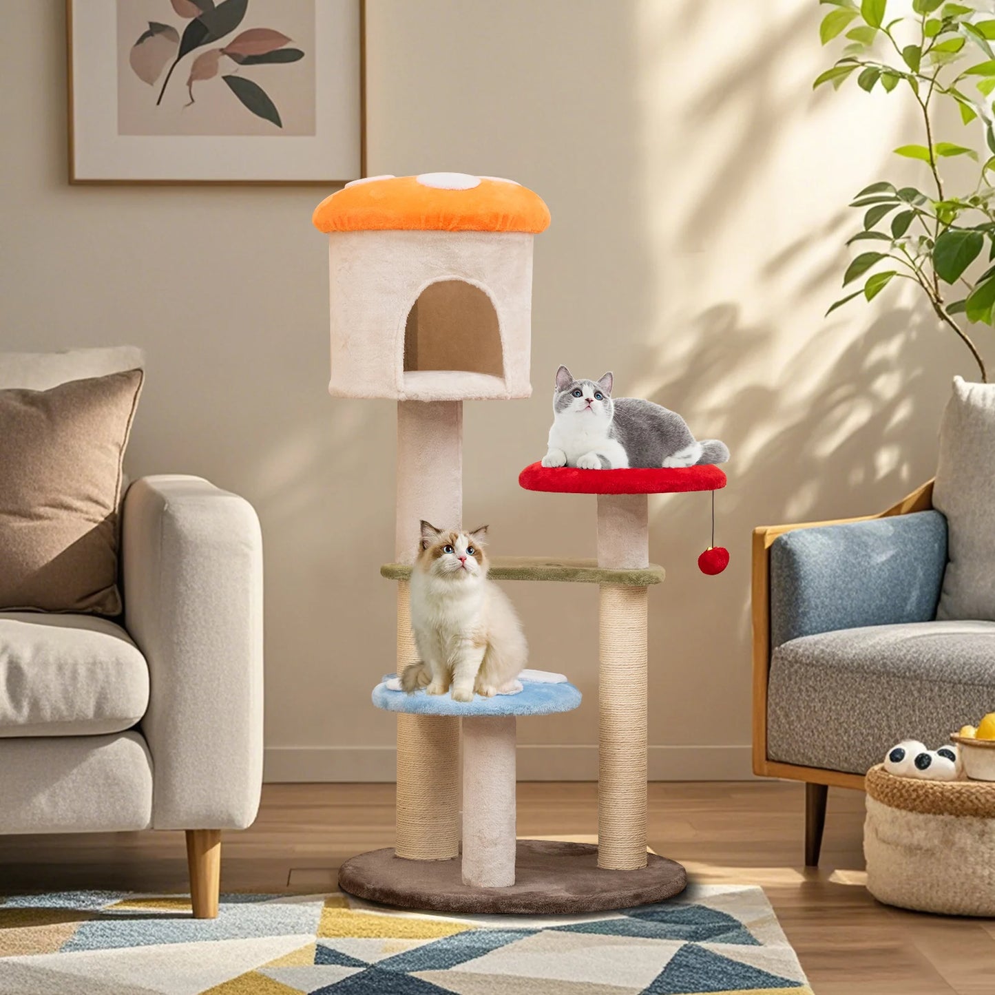 Cute Mushroom Cat Tree 48" Tall Cat Tower w/ Sisal Scratching Posts Top Condo
