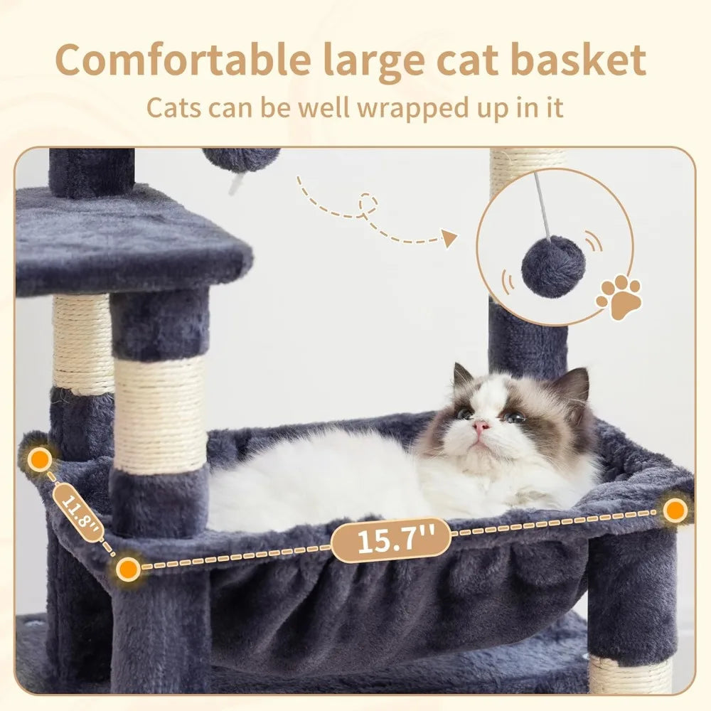 Heybly Cat Tree, Kitten Tower with Large Soft Cat Basket, Cat Condo with Spacious Cat Bed Cave with Hidden Space, Sisal-Covered
