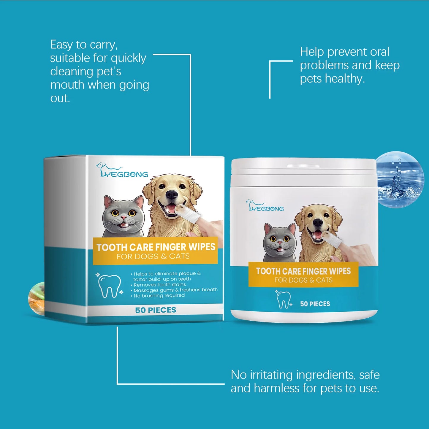 Yegbong 50pcs Pet Teeth Cleaning Finger Wipes For Cat Dog Dental Care Clean Earwax Remove Bad Breath Oral Care Toothbrush Wipes