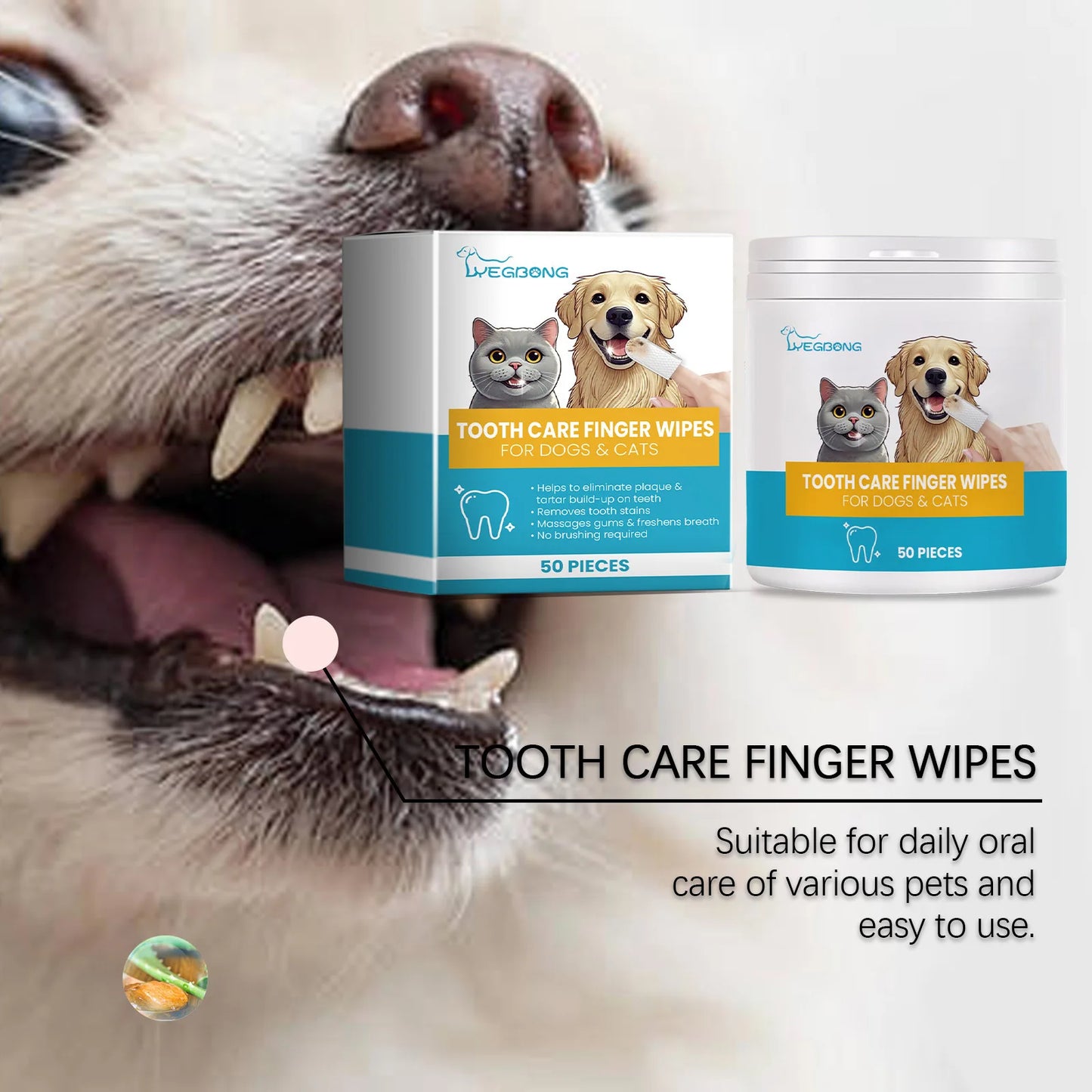 Yegbong 50pcs Pet Teeth Cleaning Finger Wipes For Cat Dog Dental Care Clean Earwax Remove Bad Breath Oral Care Toothbrush Wipes