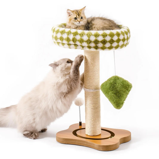 Mewoo Cat Scratching Post Bed Small Cat Tower, Sisal Cat Scratcher Cat Ball Track with Toys （Green Brown Medium)