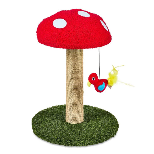 Deluxe Jute Mushroom Cat Scratching Post with Dangling Bird Toy for Home or Apartment Use Multicolor Design Enhances Playtime a