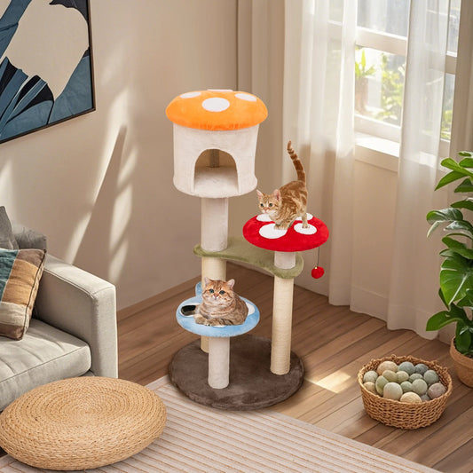 Cute Mushroom Cat Tree 48" Tall Cat Tower w/ Sisal Scratching Posts Top Condo