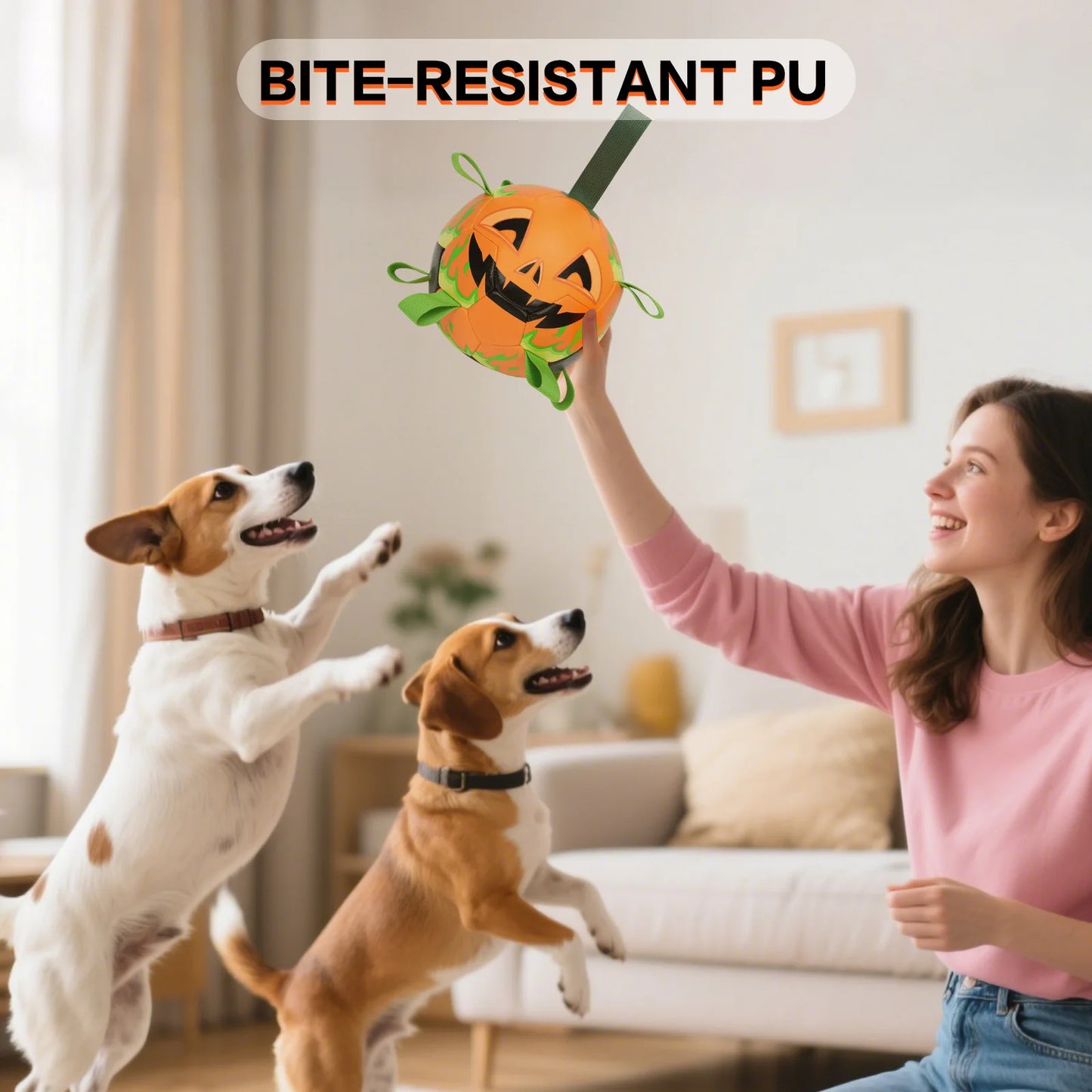 1 durable soccer design pet toy Halloween pumpkin head, orange interactive retrieval pet toy, new dog chew ball toy with straps,