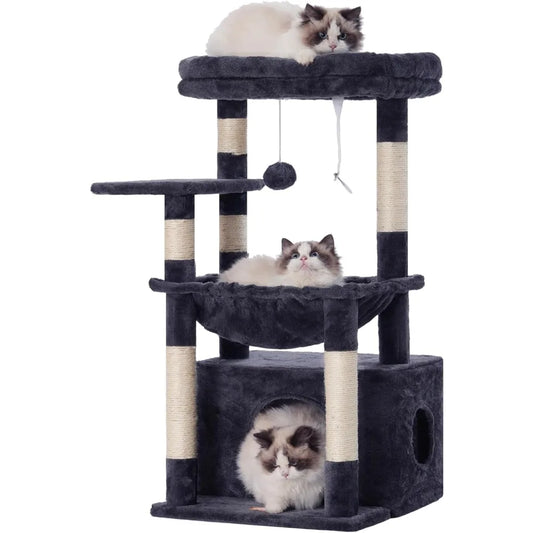 Heybly Cat Tree, Kitten Tower with Large Soft Cat Basket, Cat Condo with Spacious Cat Bed Cave with Hidden Space, Sisal-Covered