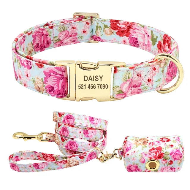 Flower Dog Collar Leash Set Custom Small Medium Large Dog Pet Collars Floral Print Nylon Dog Collars with Treat Bag Snack Bag