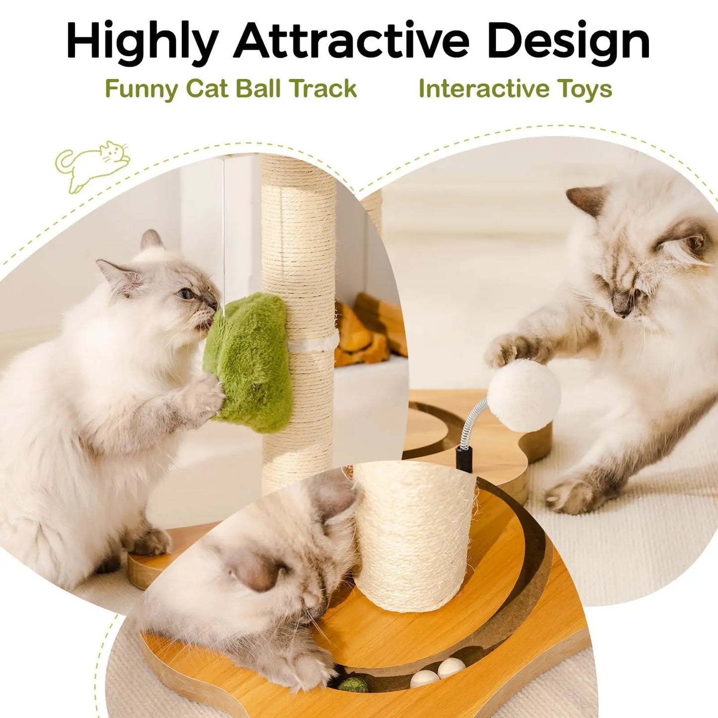 Mewoo Cat Scratching Post Bed Small Cat Tower, Sisal Cat Scratcher Cat Ball Track with Toys （Green Brown Medium)