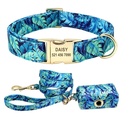Flower Dog Collar Leash Set Custom Small Medium Large Dog Pet Collars Floral Print Nylon Dog Collars with Treat Bag Snack Bag