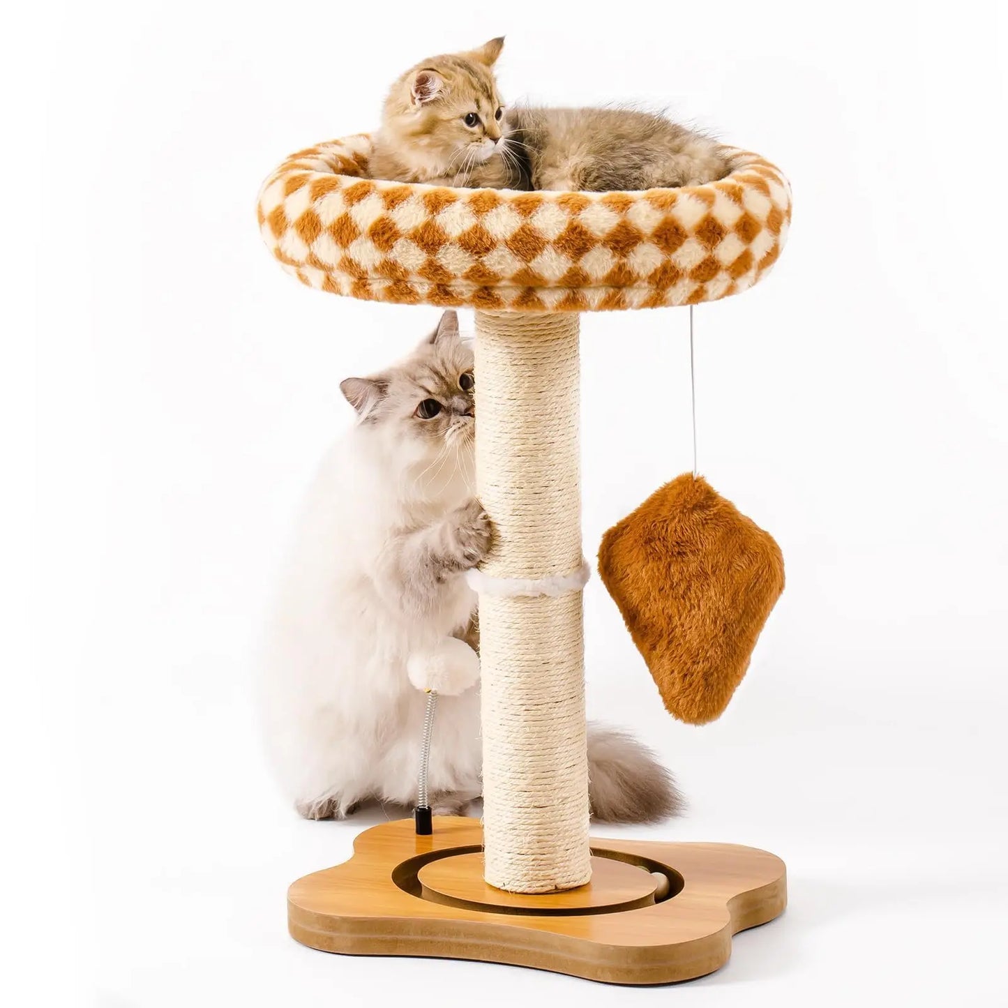 Mewoo Cat Scratching Post Bed Small Cat Tower, Sisal Cat Scratcher Cat Ball Track with Toys （Green Brown Medium)