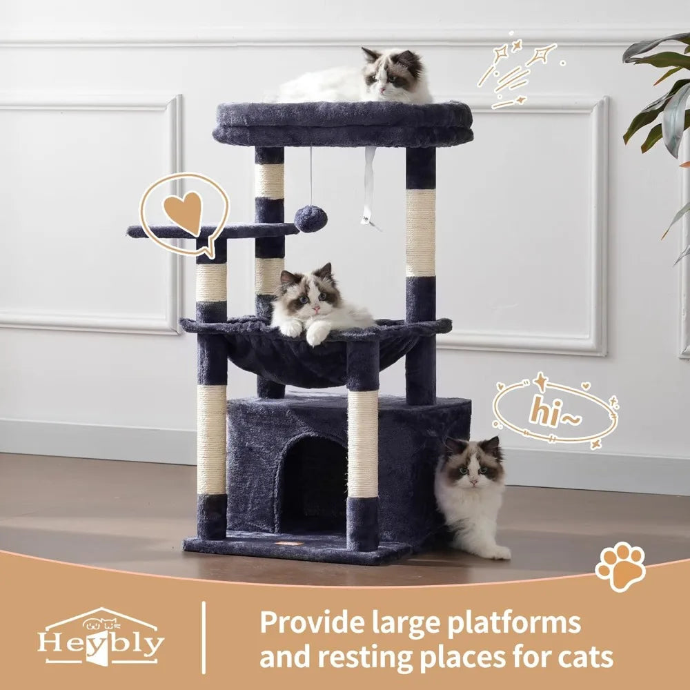 Heybly Cat Tree, Kitten Tower with Large Soft Cat Basket, Cat Condo with Spacious Cat Bed Cave with Hidden Space, Sisal-Covered