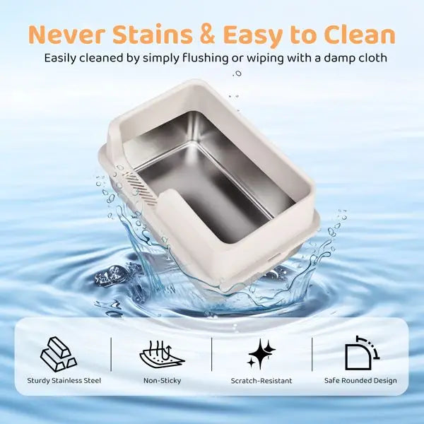 Stainless Steel Cat Litter Box with Lid,for Big Cats, Kitty Litter Box with Pedal Filter and Scoop, Easy Cleaning, White