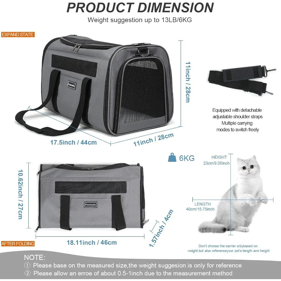Foldable SoftSided Pet Carrier for Cats and Small Dogs Up to 20 Lbs with 4 Ventilated Windows EscapeProof Design Airline Approv