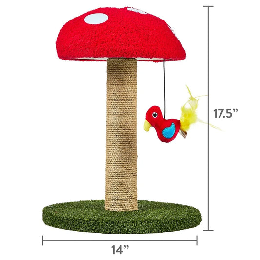 Deluxe Jute Mushroom Cat Scratching Post with Dangling Bird Toy for Home or Apartment Use Multicolor Design Enhances Playtime a