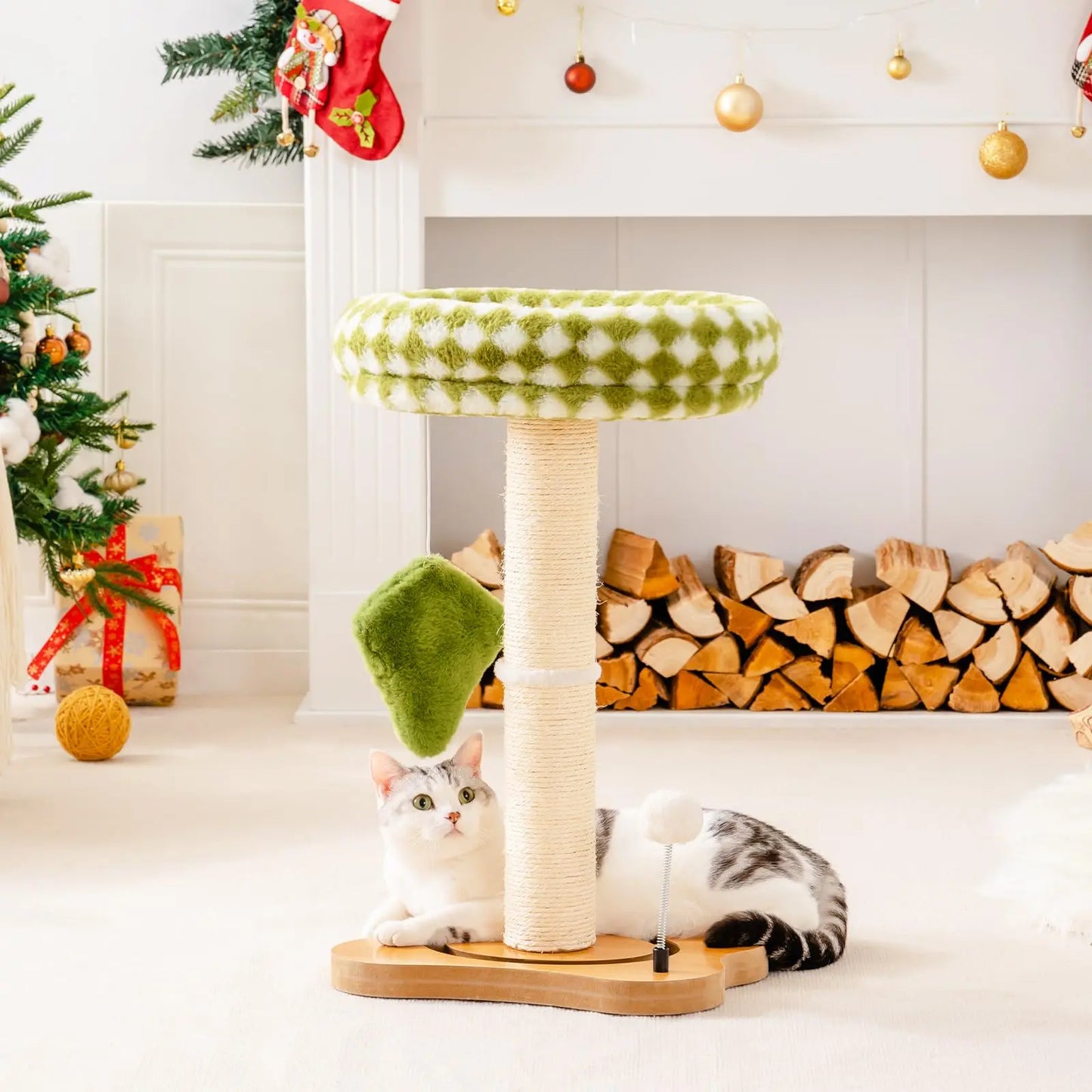 Mewoo Cat Scratching Post Bed Small Cat Tower, Sisal Cat Scratcher Cat Ball Track with Toys （Green Brown Medium)