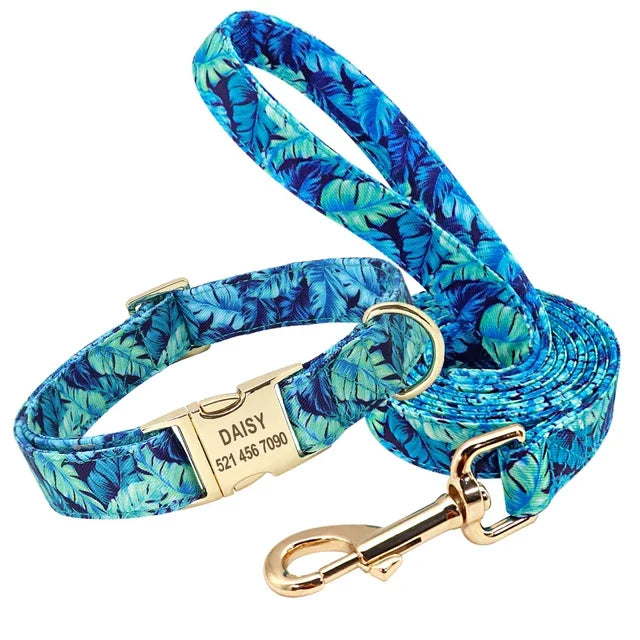Flower Dog Collar Leash Set Custom Small Medium Large Dog Pet Collars Floral Print Nylon Dog Collars with Treat Bag Snack Bag
