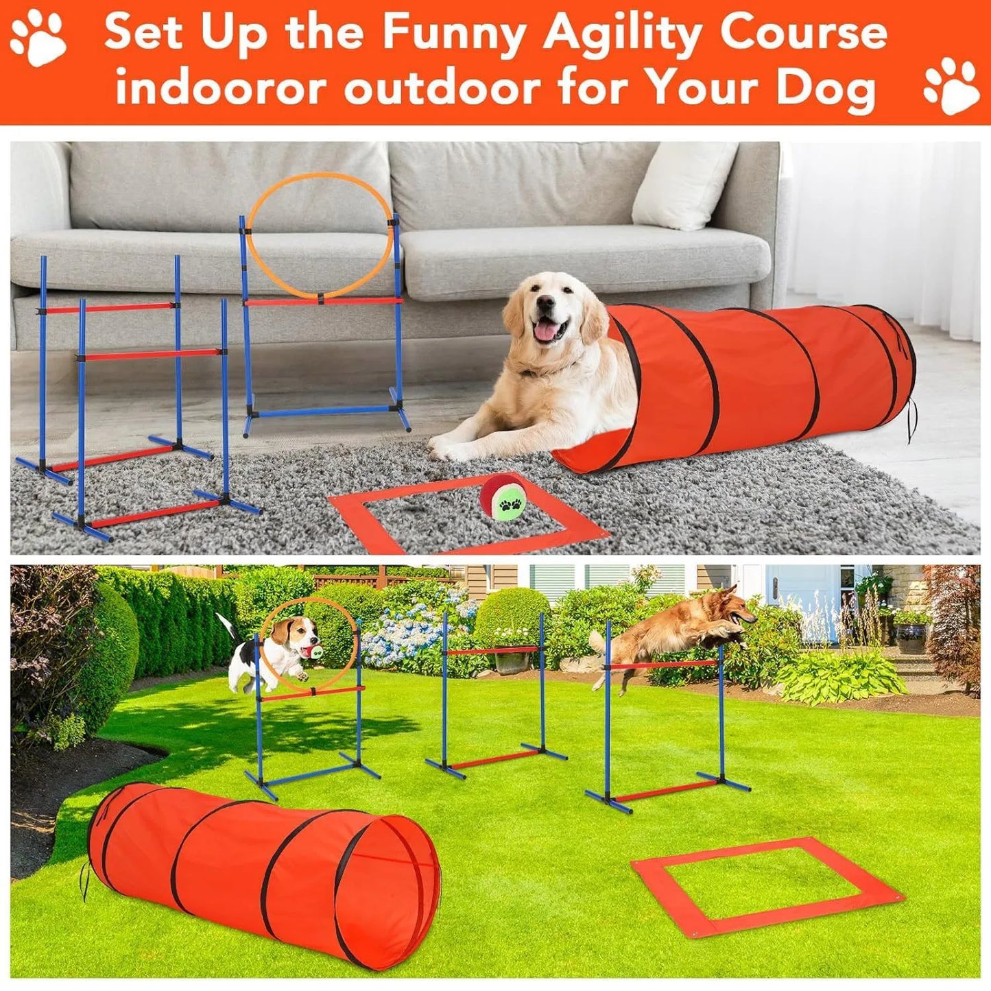 Dog Agility Course Backyard Set  Dog Obstacle Course Training Starter Kit with Tunnel, Puppy Agile Training Hurdle Adjustable