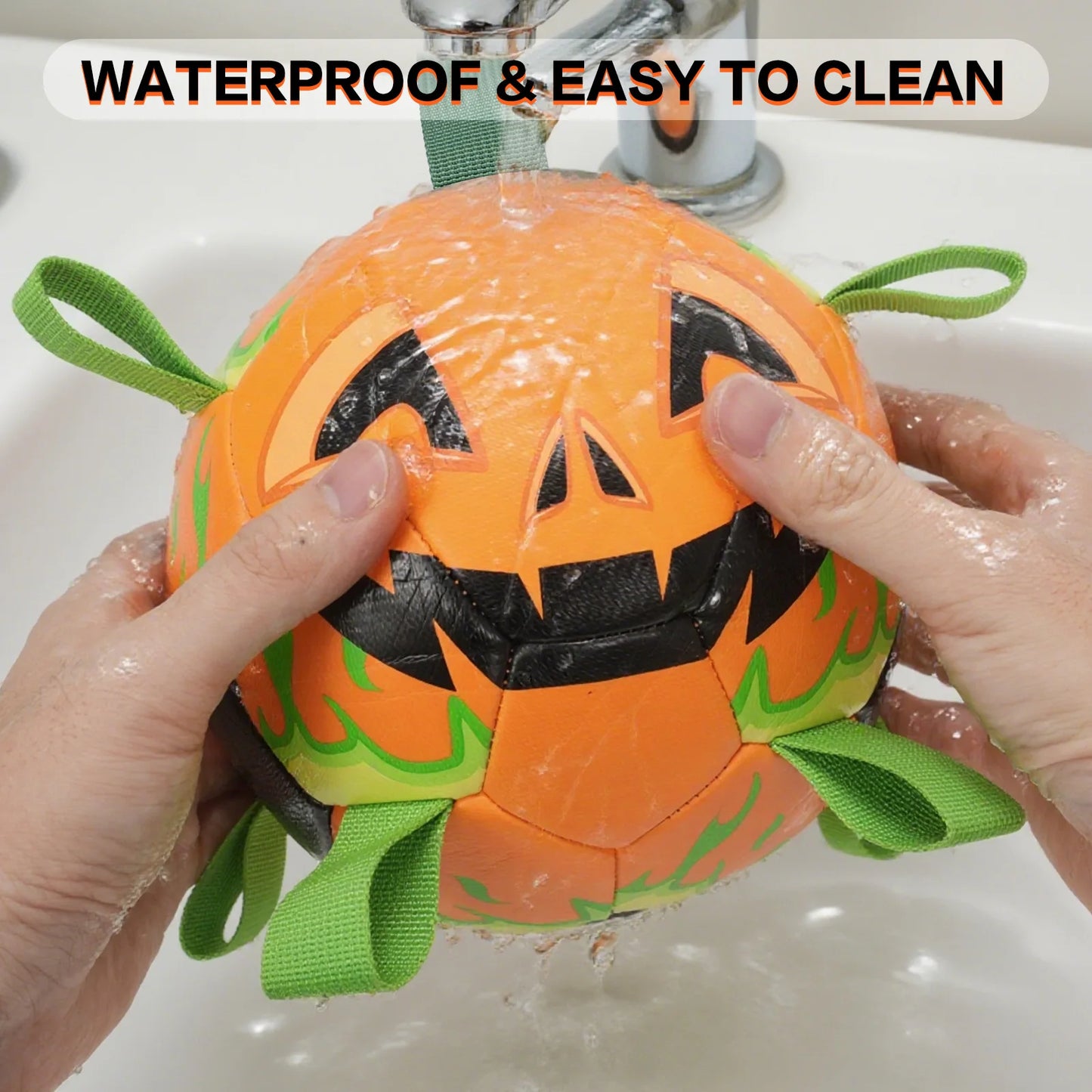 1 durable soccer design pet toy Halloween pumpkin head, orange interactive retrieval pet toy, new dog chew ball toy with straps,