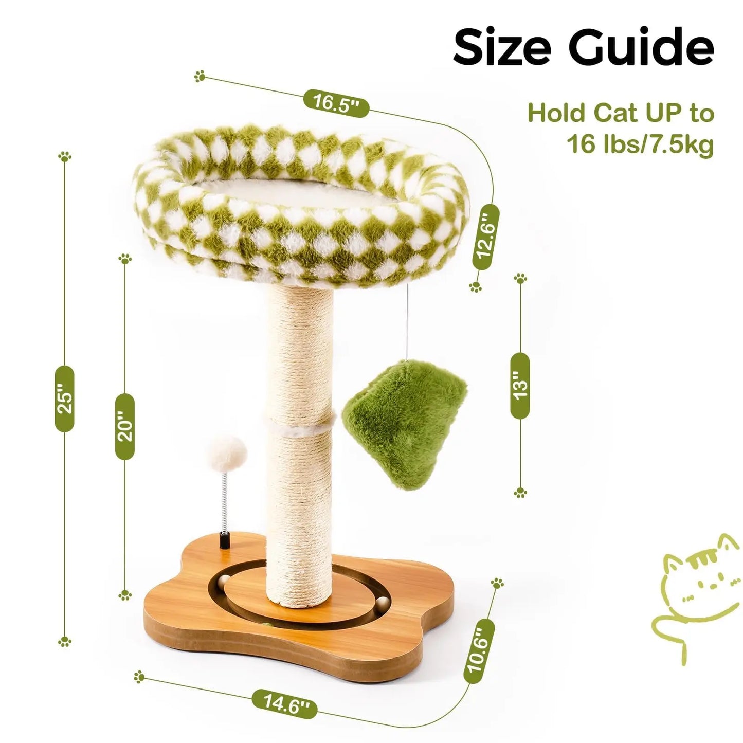 Mewoo Cat Scratching Post Bed Small Cat Tower, Sisal Cat Scratcher Cat Ball Track with Toys （Green Brown Medium)