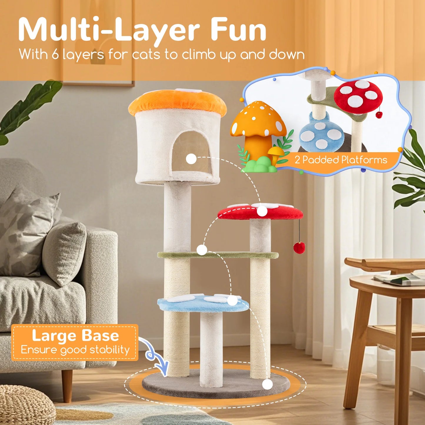 Cute Mushroom Cat Tree 48" Tall Cat Tower w/ Sisal Scratching Posts Top Condo