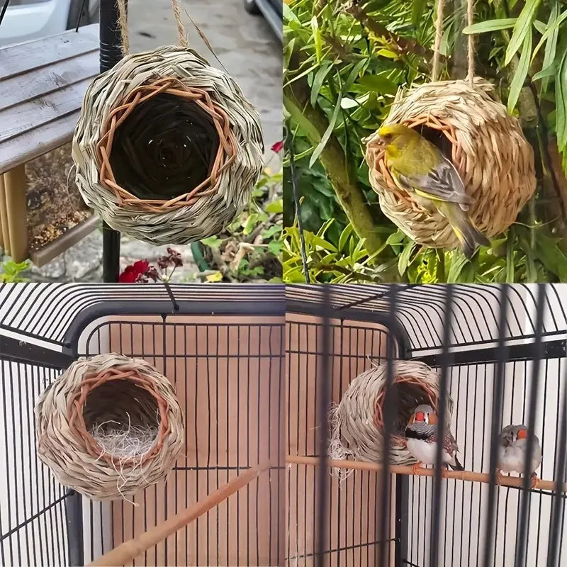 Hand-woven Natural Grass Bird Cages Bird House With Hanging Rope Handmade Bird Nest Shelter Hut Small Hideaway Pet Supplies 13cm