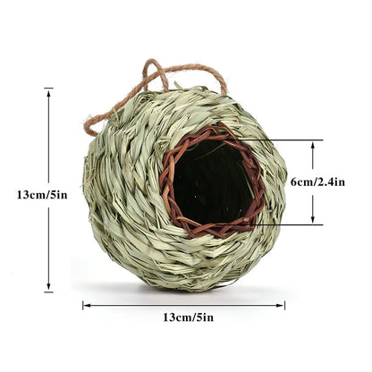 Hand-woven Natural Grass Bird Cages Bird House With Hanging Rope Handmade Bird Nest Shelter Hut Small Hideaway Pet Supplies 13cm