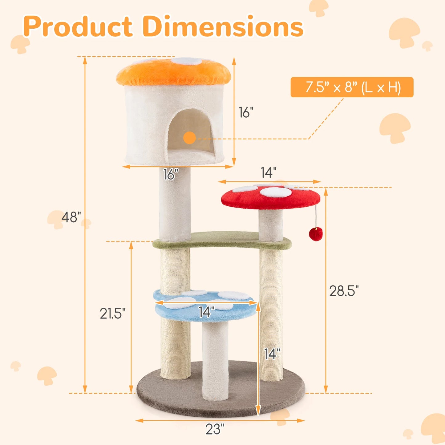Cute Mushroom Cat Tree 48" Tall Cat Tower w/ Sisal Scratching Posts Top Condo