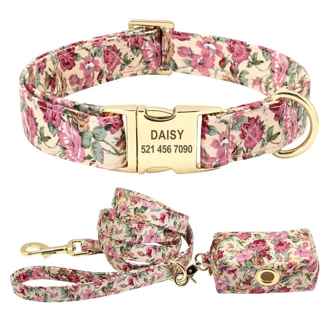 Flower Dog Collar Leash Set Custom Small Medium Large Dog Pet Collars Floral Print Nylon Dog Collars with Treat Bag Snack Bag