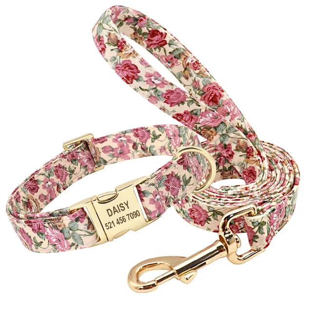 Flower Dog Collar Leash Set Custom Small Medium Large Dog Pet Collars Floral Print Nylon Dog Collars with Treat Bag Snack Bag
