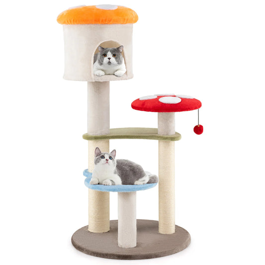 Cute Mushroom Cat Tree 48" Tall Cat Tower w/ Sisal Scratching Posts Top Condo