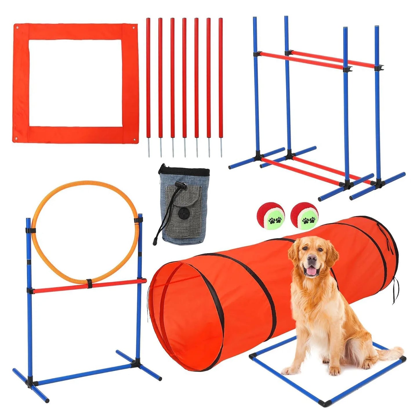 Dog Agility Course Backyard Set  Dog Obstacle Course Training Starter Kit with Tunnel, Puppy Agile Training Hurdle Adjustable